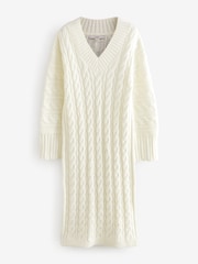 White Ecru V-Neck Cable Knitted Midi Jumper Dress - Image 8 of 11
