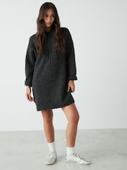Grey Charcoal Relaxed Fit Hooded Knitted Jumper Dress with Wool - Image 2 of 8
