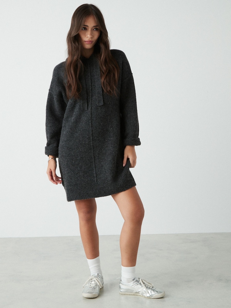 Grey Charcoal Relaxed Fit Hooded Knitted Jumper Dress with Wool - Image 2 of 8