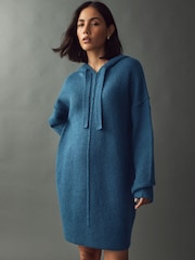 Blue Indigo Relaxed Fit Hooded Knitted Jumper Dress with Wool - Image 1 of 8