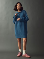 Blue Indigo Relaxed Fit Hooded Knitted Jumper Dress with Wool - Image 3 of 8