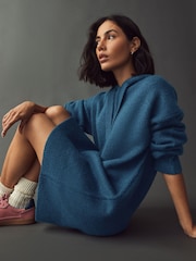 Blue Indigo Relaxed Fit Hooded Knitted Jumper Dress with Wool - Image 5 of 8
