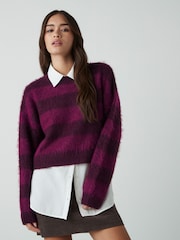 Burgundy Red Stripe Soft Touch Brushed Shirt Layer Knitted Jumper - Image 1 of 8