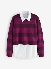 Burgundy Red Stripe Soft Touch Brushed Shirt Layer Knitted Jumper - Image 6 of 8