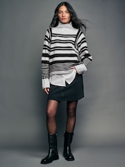 Grey Black Monochrome Stripe Roll Edge Shirt Layer Knitted 100% Cotton Jumper - Image 2 of 7