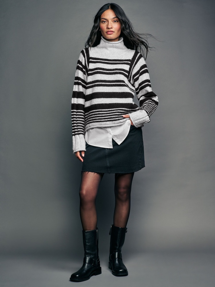 Grey Black Monochrome Stripe Roll Edge Shirt Layer Knitted 100% Cotton Jumper - Image 2 of 7