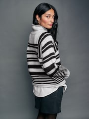 Grey Black Monochrome Stripe Roll Edge Shirt Layer Knitted 100% Cotton Jumper - Image 3 of 7