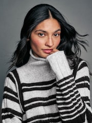 Grey Black Monochrome Stripe Roll Edge Shirt Layer Knitted 100% Cotton Jumper - Image 4 of 7
