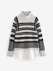Grey Black Monochrome Stripe Roll Edge Shirt Layer Knitted 100% Cotton Jumper - Image 5 of 7