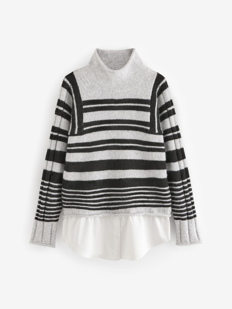 Gris Noir Monochrome Rayure - Chemises de nuit à bord roulé Couche tricotée 100% Coton Pull - Image 5 of 7