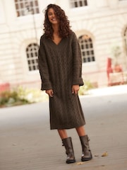 Brown Chocolate V-Neck Cable Knitted Midi Jumper Dress - Image 1 of 7
