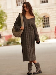 Brown Chocolate V-Neck Cable Knitted Midi Jumper Dress - Image 2 of 7