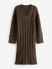 Brown Chocolate V-Neck Cable Knitted Midi Jumper Dress - Image 5 of 7