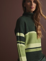 Green Stripe Roll Edge Shirt Layer Knitted 100% Cotton Jumper - Image 4 of 8