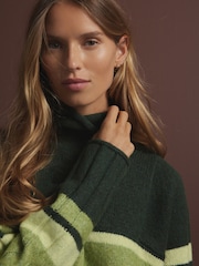 Green Stripe Roll Edge Shirt Layer Knitted 100% Cotton Jumper - Image 5 of 8