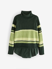 Green Stripe Roll Edge Shirt Layer Knitted 100% Cotton Jumper - Image 6 of 8