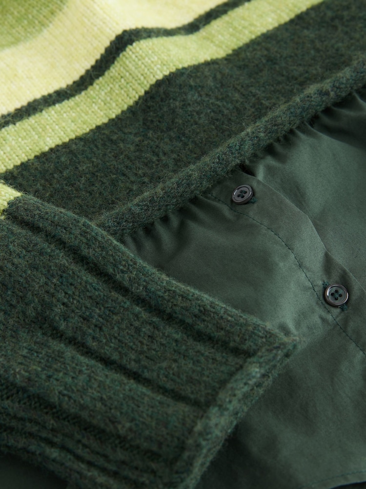 Green Stripe Roll Edge Shirt Layer Knitted 100% Cotton Jumper - Image 8 of 8