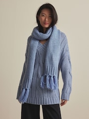 Blue Chambray Cable Knit Chunky Tassled Scarf - Image 2 of 7