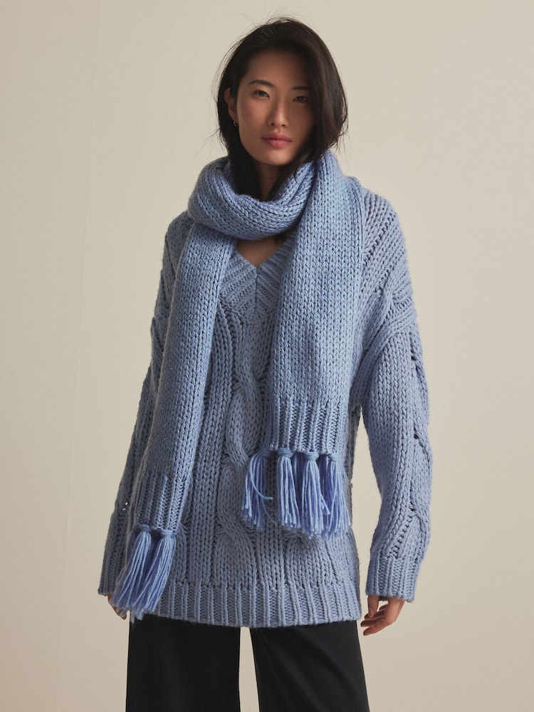 Blue Chambray Cable Knit Chunky Tassled Scarf - Image 2 of 7