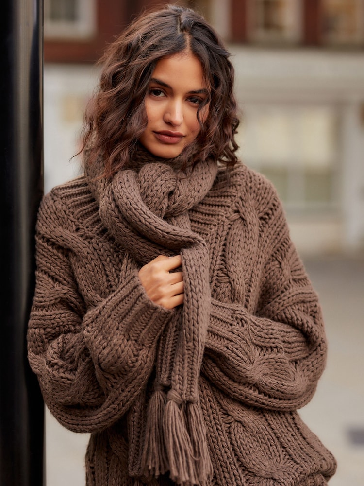 Brown Chocolate Cable Knit Chunky Tassled Scarf - Image 1 of 5