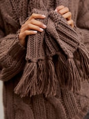 Brown Chocolate Cable Knit Chunky Tassled Scarf - Image 2 of 5