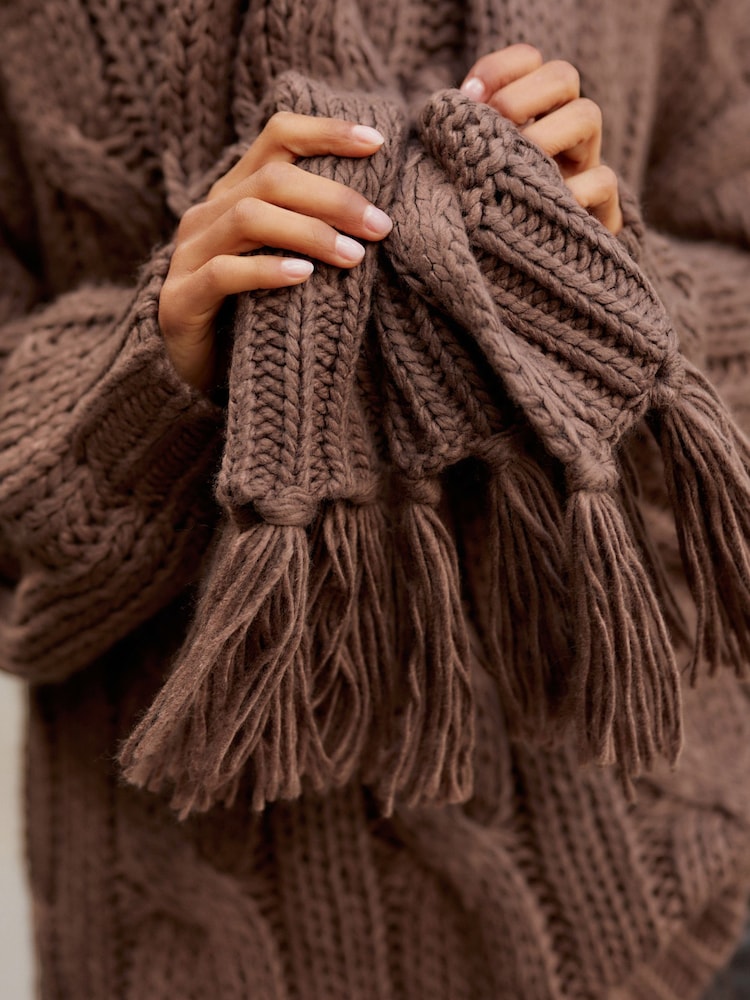 Brown Chocolate Cable Knit Chunky Tassled Scarf - Image 2 of 5