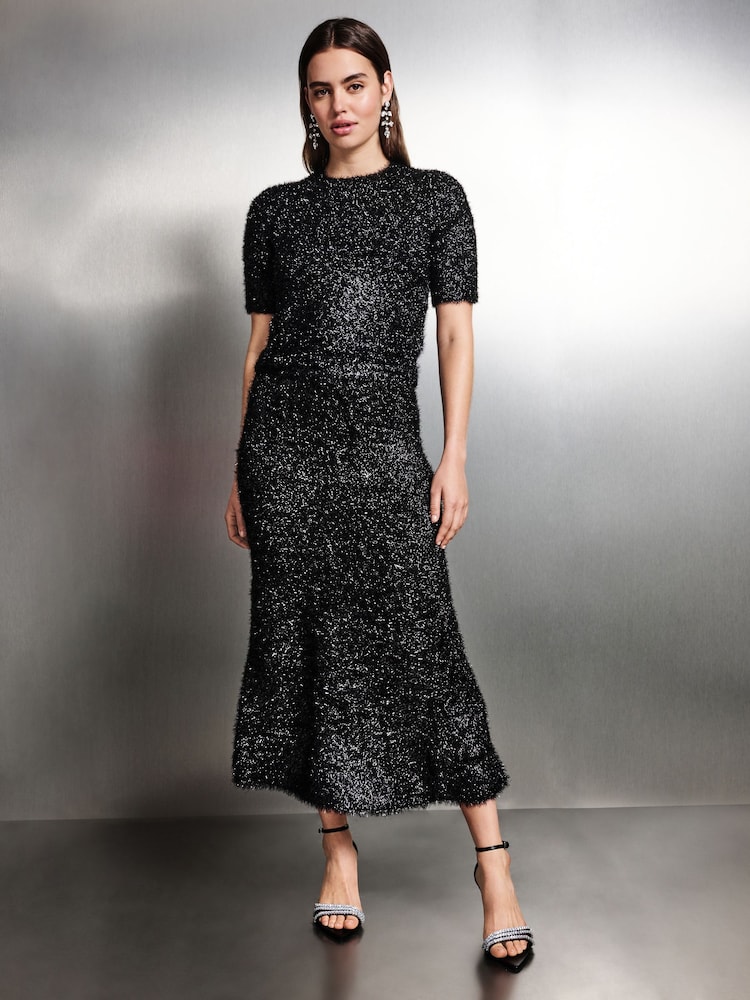 Black Sparkle Tinsel Knitted Co-ord Maxi Skirt - Image 2 of 7