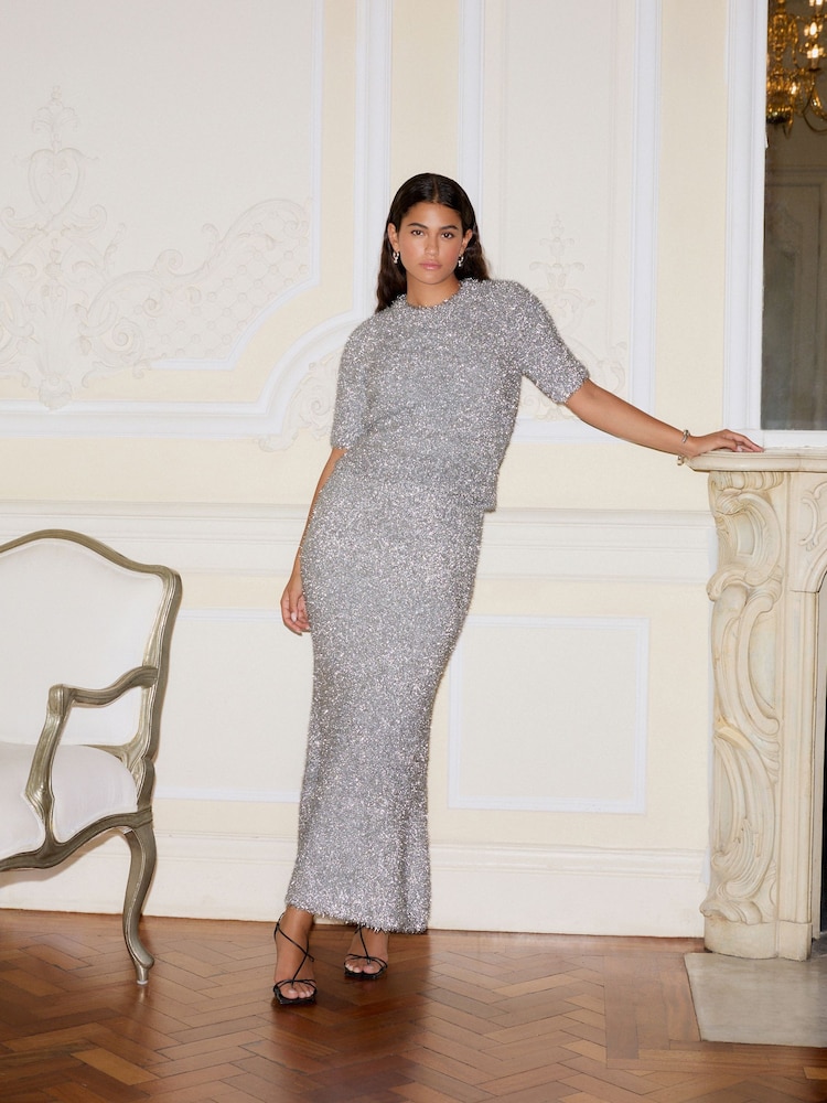 Silver Sparkle Tinsel Knitted Co-ord Maxi Skirt - Image 2 of 8