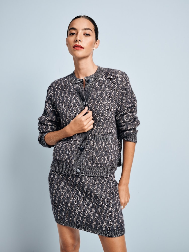 Grey Charcoal Co-ord Sparkle Patterned Knitted Mini Skirt - Image 1 of 8