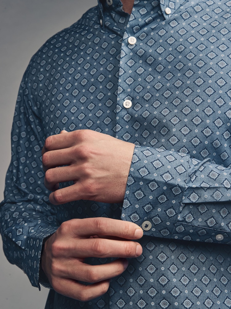 Blue Tile Print Regular Fit Easy Care Oxford Shirt - Image 4 of 7