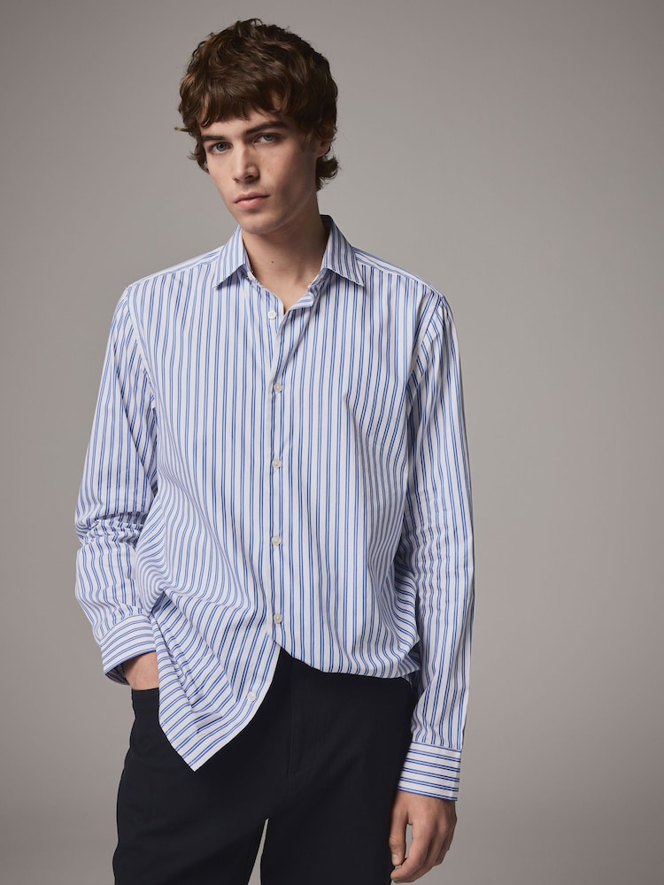Blue 100% Cotton Smart Stripe Shirt with Cut Away Collar - Image 1 of 4