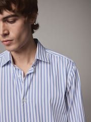 Blue 100% Cotton Smart Stripe Shirt with Cut Away Collar - Image 3 of 4