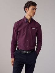 Burgundy Red Double Collar Regular Fit Trimmed Formal 100% Cotton Oxford Shirt - Image 1 of 7