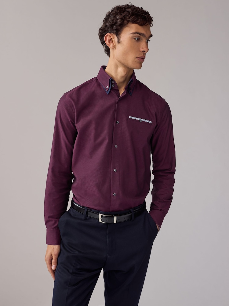 Burgundy Red Double Collar Regular Fit Trimmed Formal 100% Cotton Oxford Shirt - Image 1 of 7
