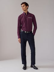 Burgundy Red Double Collar Regular Fit Trimmed Formal 100% Cotton Oxford Shirt - Image 2 of 7