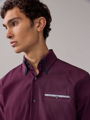 Burgundy Red Double Collar Regular Fit Trimmed Formal 100% Cotton Oxford Shirt - Image 4 of 7