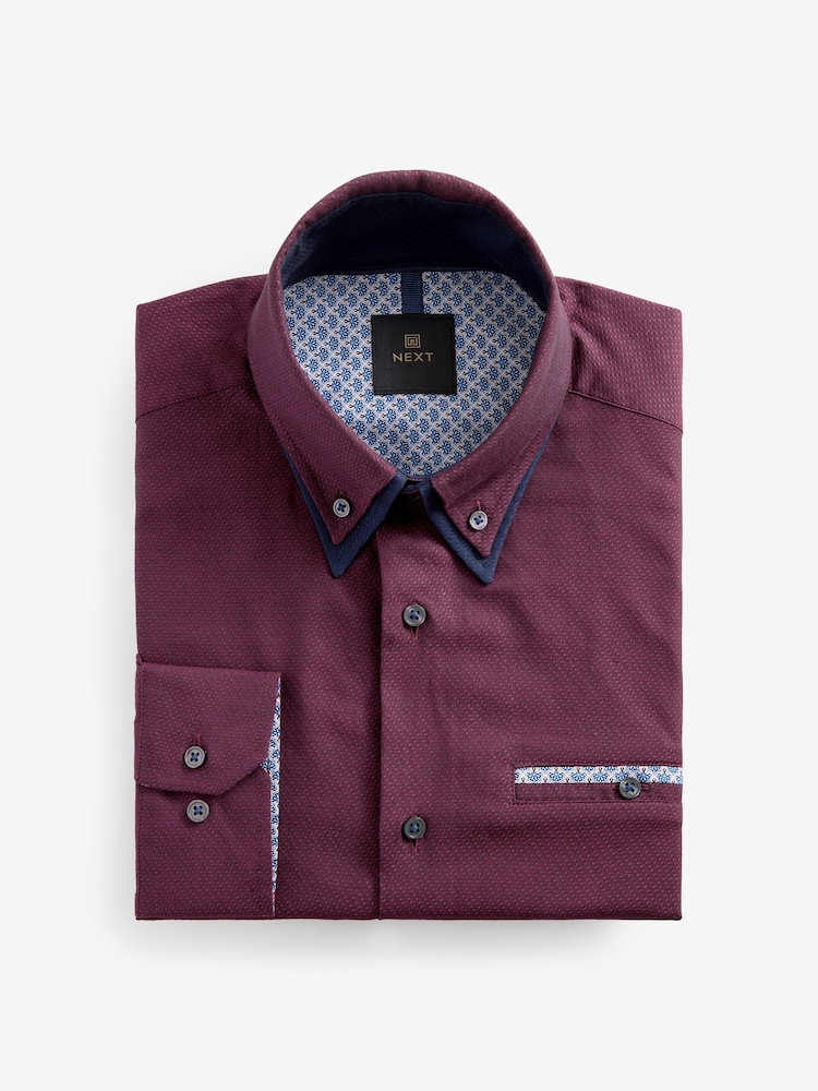 Burgundy Red Double Collar Regular Fit Trimmed Formal 100% Cotton Oxford Shirt - Image 5 of 7
