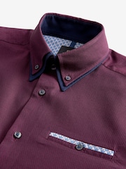 Burgundy Red Double Collar Regular Fit Trimmed Formal 100% Cotton Oxford Shirt - Image 6 of 7