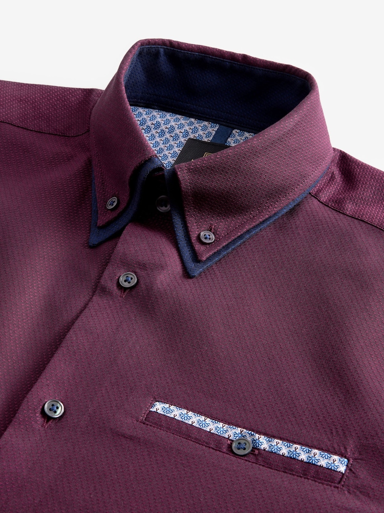 Burgundy Red Double Collar Regular Fit Trimmed Formal 100% Cotton Oxford Shirt - Image 6 of 7