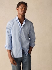 Blue Stripe Regular Fit 100% Cotton Long Sleeve Formal Cutaway Collar Shirt - Image 1 of 8