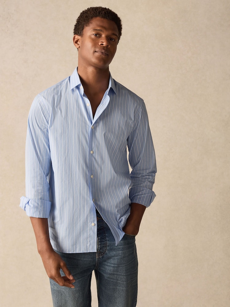 Blue Stripe Regular Fit 100% Cotton Long Sleeve Formal Cutaway Collar Shirt - Image 1 of 8