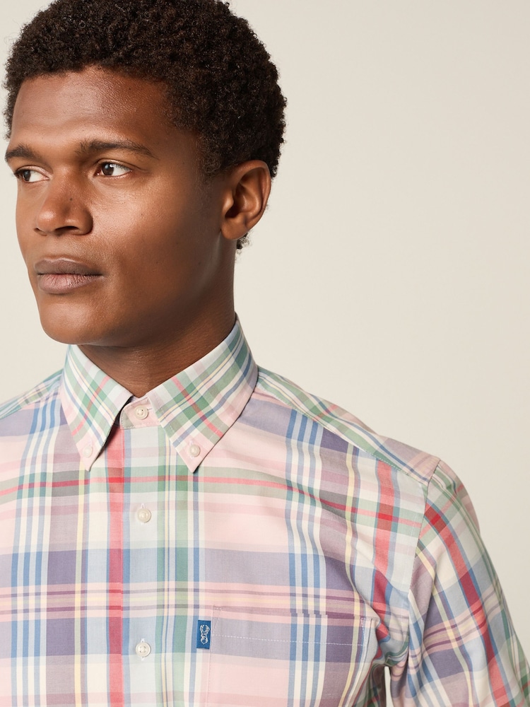 Pink Madras Check Regular Fit Easy Iron Button Down Oxford Shirt - Image 4 of 8