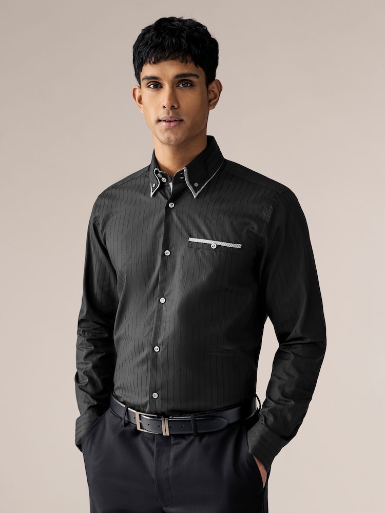 Black Self Stripe 100% Cotton Shirt - Image 1 of 8