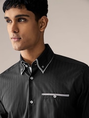 Black Self Stripe 100% Cotton Shirt - Image 4 of 8