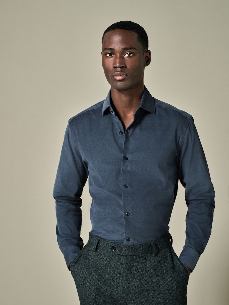 Slate Grey Regular Fit 100% Cotton Corduroy Shirt with Cutaway Collar - Image 1 of 9