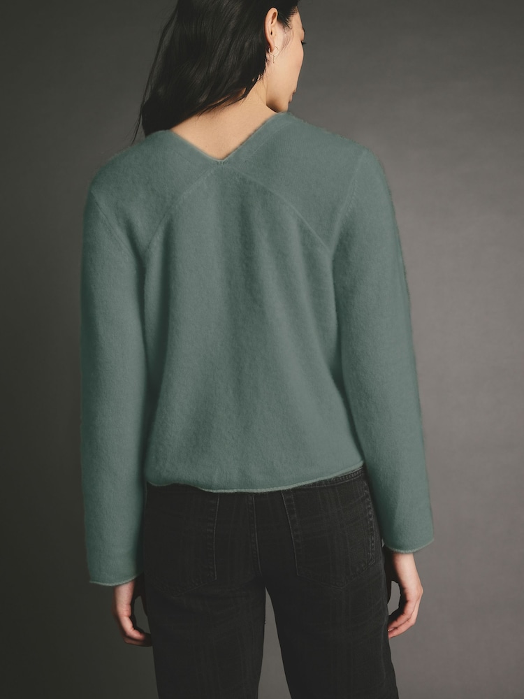 Khaki Green Premium 100% Cashmere V-Neck Knitted Jumper - Image 2 of 6