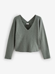 Khaki Green Premium 100% Cashmere V-Neck Knitted Jumper - Image 4 of 6