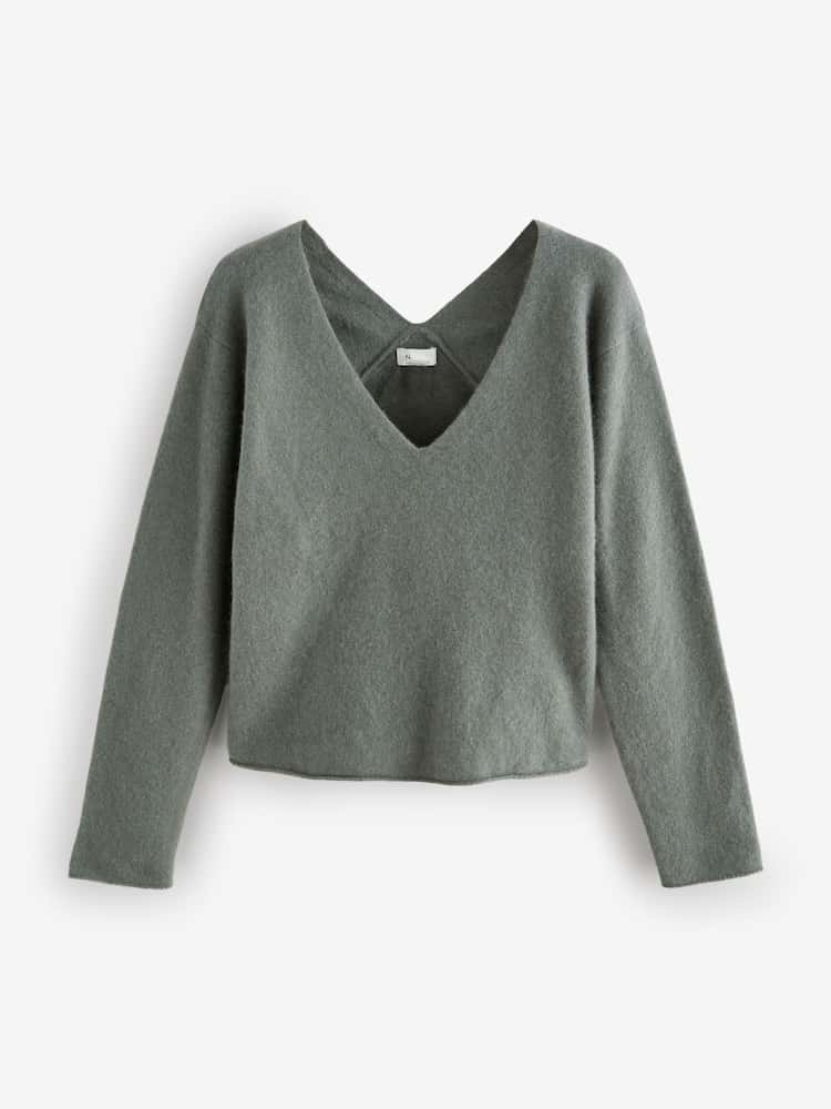 Khaki - Kaszmirowy sweter dzianinowy Premium 100% z dekoltem w szpic - Image 4 of 6