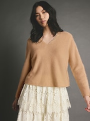 Camel Brown Premium 100% Cashmere V-Neck Knitted Jumper - Image 1 of 8