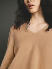 Camel Brown Premium 100% Cashmere V-Neck Knitted Jumper - Image 5 of 8